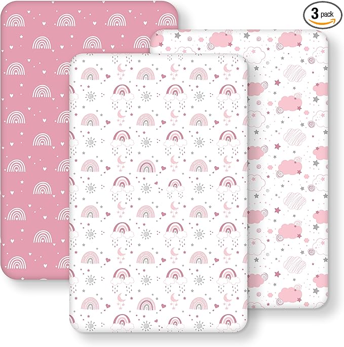 Next to Me Crib Sheets 85x51cm Fitted, 3 Pack Baby Cot Sheets, Ultra Soft & Silky Smooth Microfiber Bedside Crib Fitted Sheets Pink Rainbow