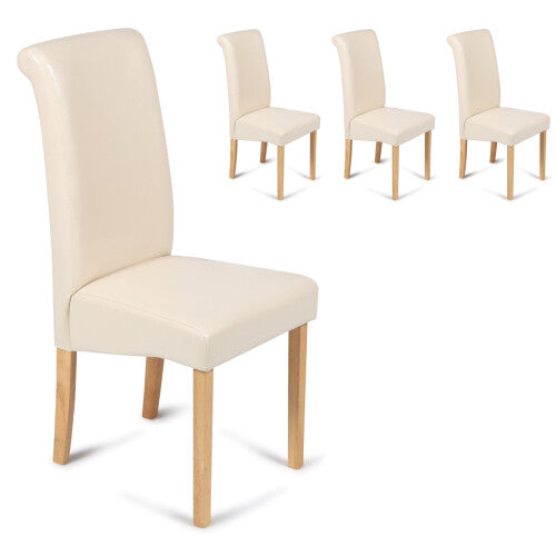 (Cream, 4) Roma Dining Chairs Faux Leather With Scroll Top & Light Oak Leg