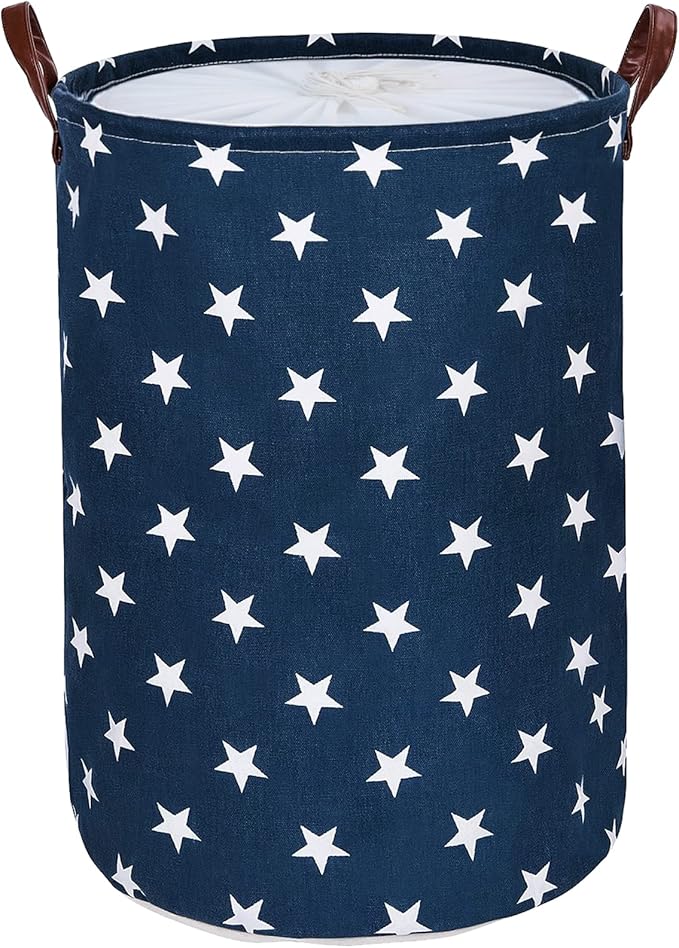 DOKEHOM 20-Inches Freestanding Laundry Basket with Lid, Collapsible Large Drawstring Clothes Hamper Storage with Handle (Blue Star, L)