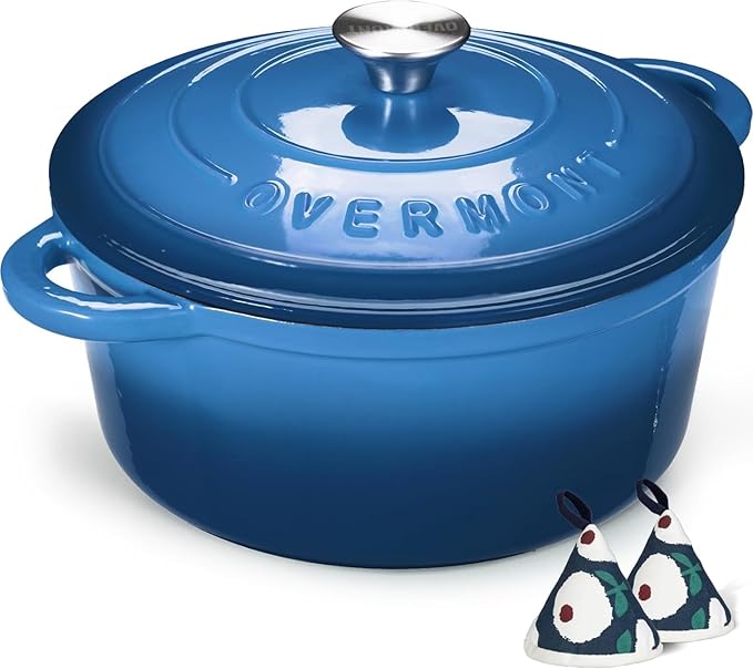 Overmont 26cm/5.2L Enamelled Cast Iron Round Casserole Dish with Lid,5.5QT, Cookbook -Non-Stick Dutch Oven for Braising, Stews, Roasting, Bread Baking