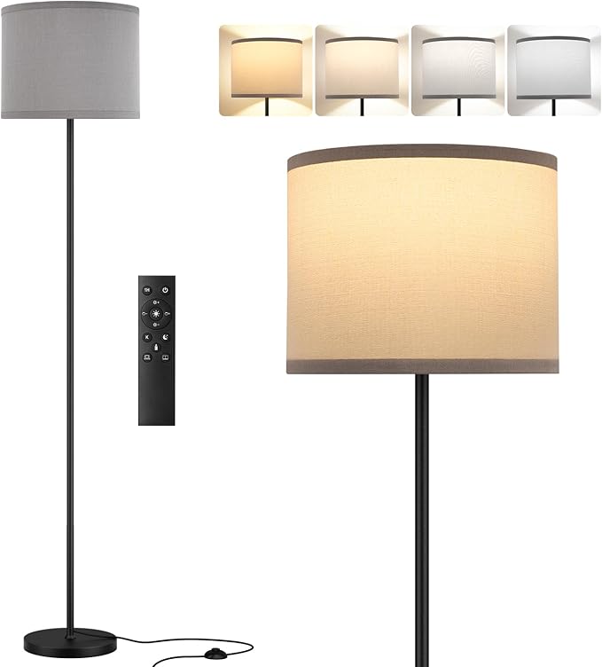 Floor Lamp for Living Room Bedroom with with Remote,Black Pole,Grey Shade(9W Bulb Included)