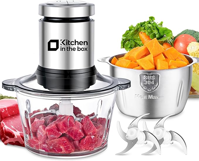 Kitchen in the box 2L+2L Electric Food Processors & Chopper with 304 Stainless Steel Container and Glass Container, 2 Speed Settings, 4 Stainless Steel Blades for Chopping Meat, Baby Food, Vegetable