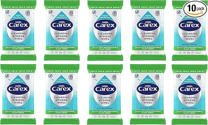 Carex Antibacterial Original Biodegradeable Wipes, Cleans, Cares and Protects, Bulk Buy, Pack of 10 x 15 Wipes