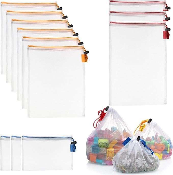 Reofrey 12 Pcs Toy Storage & Organization Mesh Bags, Washable Mesh Friendly See Through with Drawstring, for Fruit, Vegetables, Grocery, Shopping, Storage and Toys, 3 Various Sizes