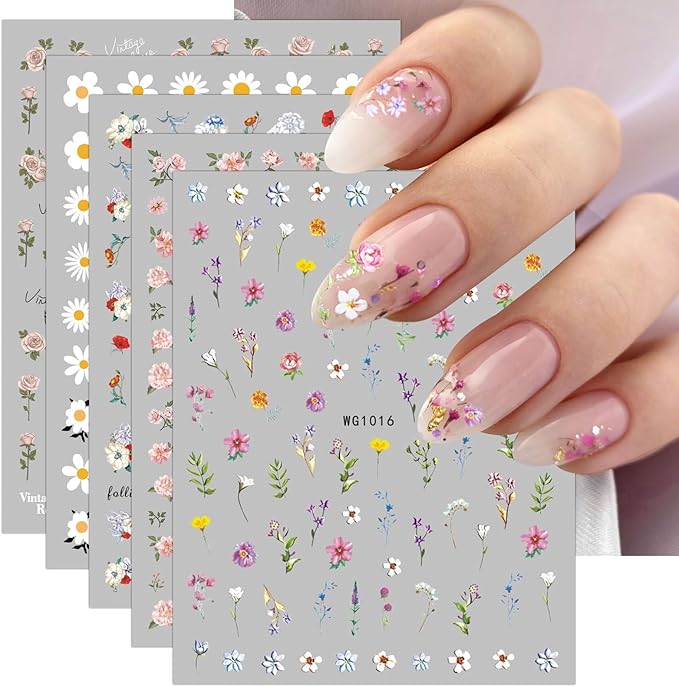 JMEOWIO 9 Sheets Flower Nail Art Stickers Decals Self-Adhesive Spring Summer Floral Nail Supplies Nail Art Design Decoration Accessories