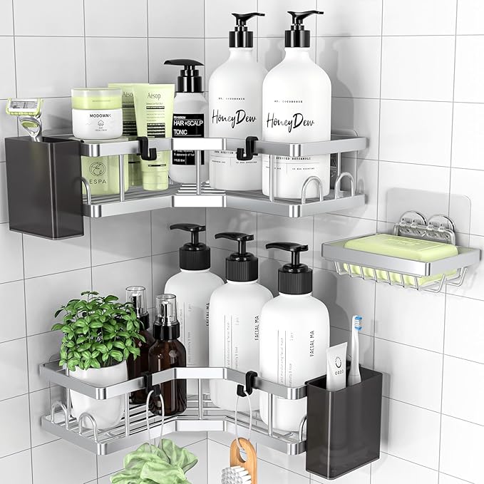 Corner Shower Caddy 3 Pack,Bathroom Storage No Drilling,Shower Storage with Soap Holder&Hooks&Toothpaste Holders,Bathroom or Kitchen,Rustproof Stainless Steel Suction Bathroom Accessories,Silver