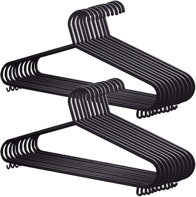 25 Pack Adult Plastic Coat Hangers Black Colour, Strong Clothes Hangers for Clothes Rail & Closet, Clothing Hanger with Suit Pants Trouser Bar and Clips, Space Saving By AEROLUGG
