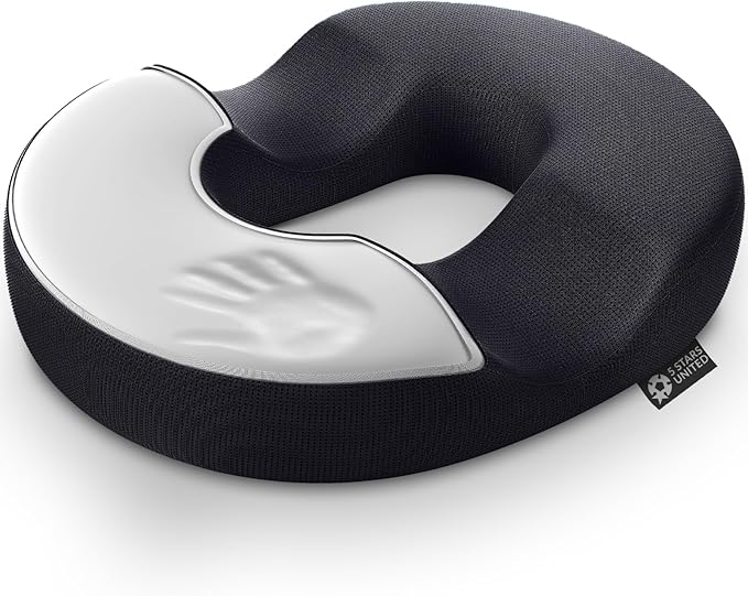 5 STARS UNITED Donut Cushion – Memory Foam Pillow for Sitting – Tailbone & Coccyx Support – Hemorrhoid-Friendly Ring Shape – Office Chair, Car, Desk & Wheelchair (Black, Small)