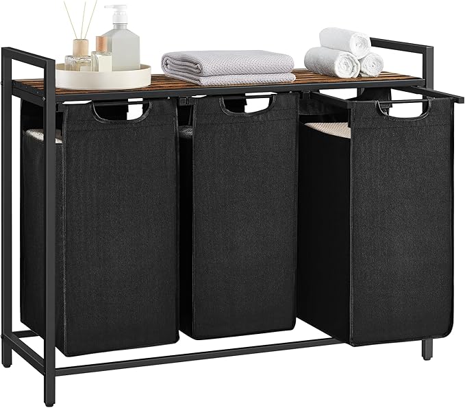 VASAGLE Laundry Basket, 3-Compartment Laundry Hamper, Pull-Out and Removable Liner Bags, Clothes Sorter, Shelf, Metal Frame, 3 x 40 L, 92.5 x 33 x 72 cm, Ink Black and Rustic Brown BLH301B01
