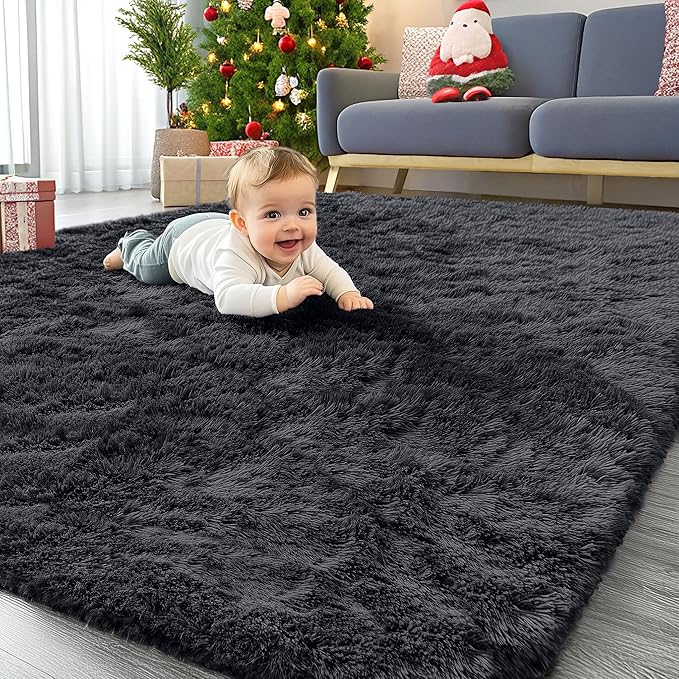 Homaxy Fluffy Shaggy Rugs Living Room, Large Anti Slip Carpet, Machine Washable Soft Thick Pile Bedside Rug for Kids Bedroom, Nursery - Black, 120 x 160 cm