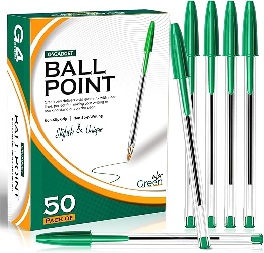 G4GADGET 50 Pack Green Ink Ballpoint Pens – Bulk Writing Pens with Smooth Flow & Firm Grip – Ideal for Marking, Notes & Everyday Tasks – Reliable Biros for School, Office & Home Use