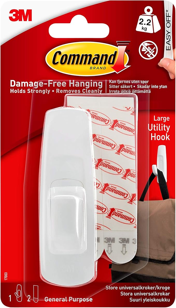 Command Large Utility Hook, Pack of 1 Hook and 2 Adhesive Strips, White - Damage Free Hanging - Holds up to 2.2kg