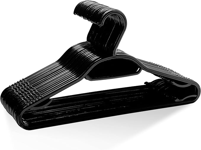 KEPLIN 30 Pack 5-in-1 Clothes Hangers – Adult Plastic Coat Hangers for Wardrobe – Space Saving Storage Organiser Hangers with Tie Bar, Strap Hooks, Non-Slip Notches and Secure Lip (Black)