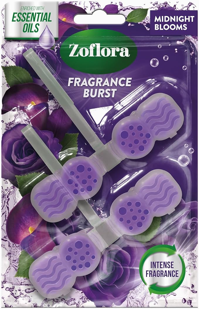 Zoflora Midnight Blooms Rim Blocks, 2 x 48g Pack, Continuous Freshness & Odour Control, Long-Lasting Scent, Kills 99.9% of Bacteria