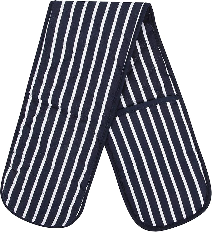 Butcher Stripe Double Oven Gloves Quilted Heavy Duty Cooking Potholder Heat Resistant Mitt 18x90cm (Navy)