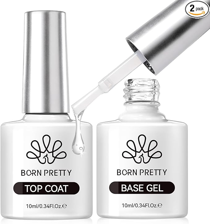 BORN PRETTY Base Gel and Super Top Coat Set, 2x10ml Base & Top Coat Gel Nail Polish Soak Off U V LED Gel Nail Varnish Lacquer Manicure Set Gloss Shiny Long Lasting
