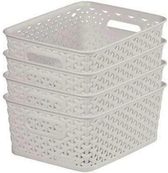 Curver My Style Rattan Effect Set of 4 Kitchen, Living room, Bathroom, Bedroom, Utility Small Rectangular Storage Baskets 4 Litres - Light Grey