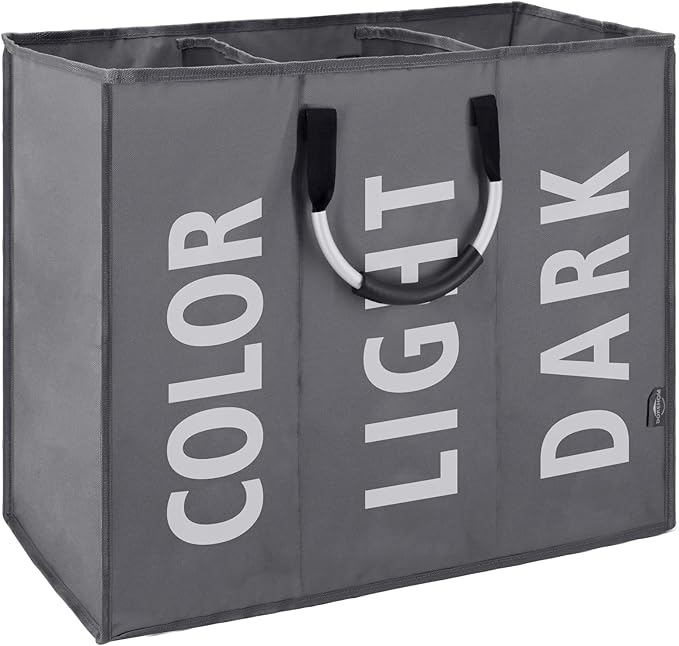 DOKEHOM 120L Large Collapsible Washing Laundry Basket Bag with 3 Sections for Bedroom, Fabric (Dark Grey)