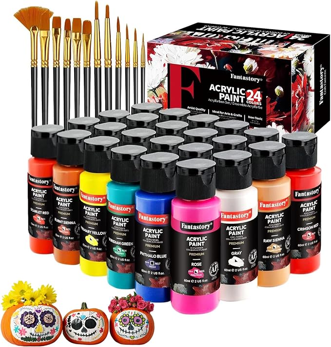 fantastory Acrylic Paint Set 24 Colors (2 oz / 60ml Each), Non Toxic, Non Fading, Waterproof, Acrylic Paint Kit for Artwork & DIY Projects on Canvas, Wood, Glass, Clay, Ceramic [Professional Series]
