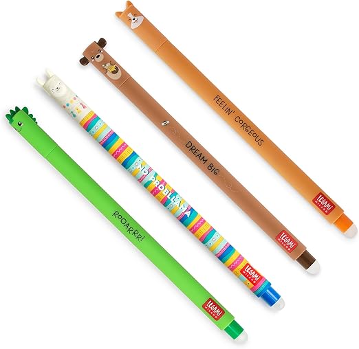 Legami Set of 4 Erasable Gel Pens, Teddy Bear, Corgi, Llama Themes, Ball on the End for Removing Ink, Black, Blue, Green, Red Heat-Sensitive Ink, Tip Diameter 0.7 mm