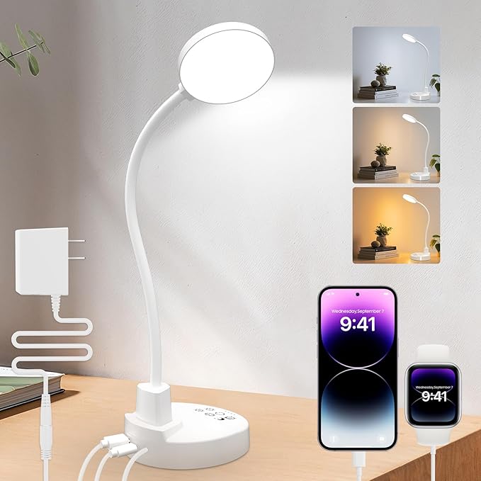 60 LED Desk Lamp with USB Charging Ports – Dimmable Table Lamp with 3 Color Temps, 5 Brightness, 4 Timers, 15W Flexible Gooseneck Light with Base, Eye-Caring Reading Light for Home Office, Bedroom
