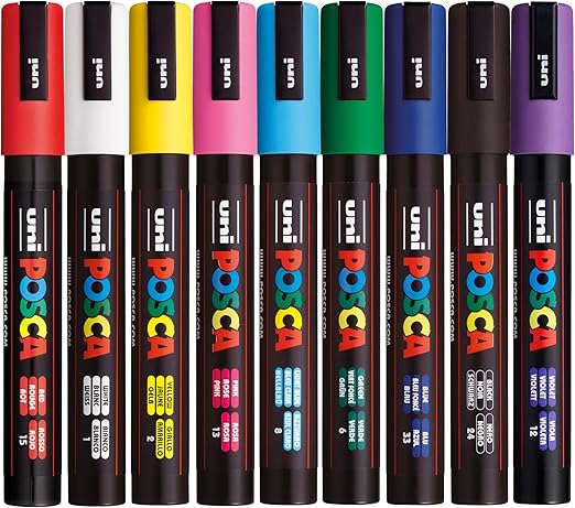 Posca - Standard PC-5M Acrylic Paint Pens (9pc), Multi Surface Markers for Windows, Glass, Graffiti, Fabric, Rock Painting, Canvas, Wood, Metal, Fabric, Colouring, Arts & Crafts, with 4 Stickers