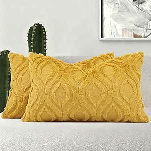 decorUhome Set of 2 Faux Fur Cushion Covers 30x50 cm, Decorative Soft Plush Fluffy Velvet Cushion Cover 12X20 Inch, Rectangle Boho Neutral Pillow Case for Sofa, Mustard Yellow