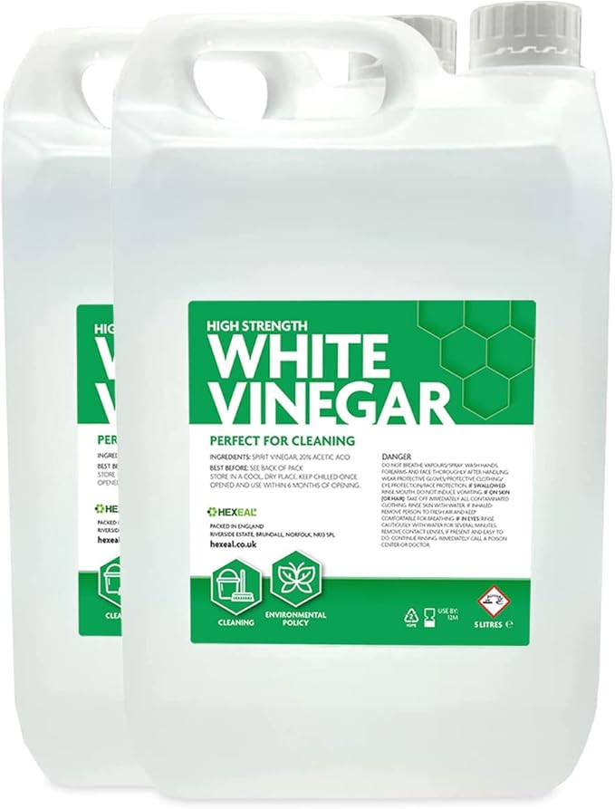 Hexeal High Strength White Vinegar 10L – 2 x 5L 20% Strong White Cleaning Vinegar for Sanitising & Cleaning – Suitable for Use in the Garden – Deodorises & Removes Grime
