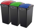 Addis Recycling 40 Litre Set of 3 Waste Utility Plastic Bins Interlocking Clips, Lift, Red & Green, Black Colour Coded Lids Blue, Red, Green, 3 x 40