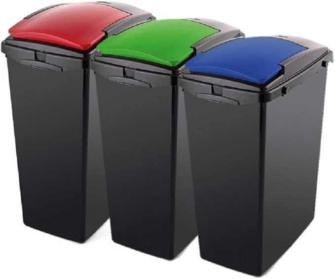 Addis Recycling 40 Litre Set of 3 Waste Utility Plastic Bins Interlocking Clips, Lift, Red & Green, Black Colour Coded Lids Blue, Red, Green, 3 x 40