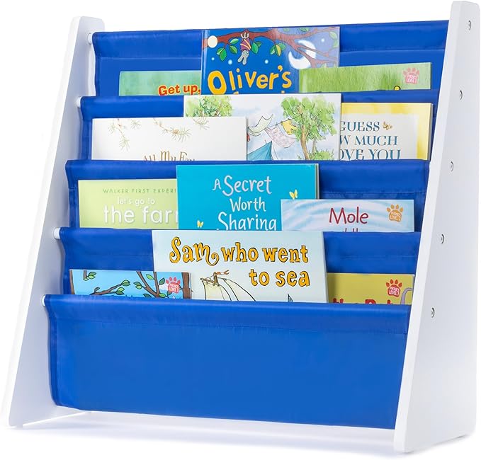 LIVIVO Colorful Kids Bookshelf - 4 Tier Children's Bookcase, Magazine and Book Storage Rack, Wooden Sling Book Organizer, Book Shelf for Kids Room, Bedroom, Nursery, Playroom (Blue)