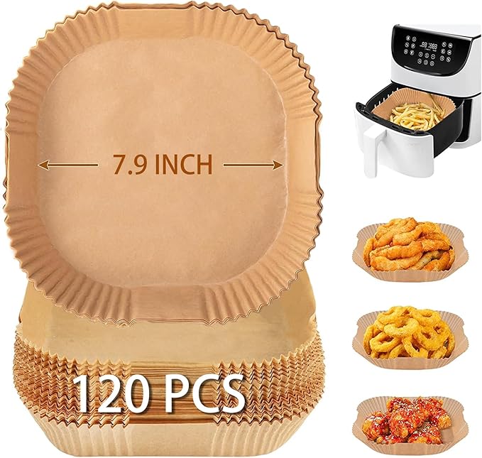 Air Fryer Disposable Paper Liners Non-Stick Waterproof Air Fryer Accessories, 120 Pcs Air Fryer Square Paper Liner Compatible with COSORI, Tower, Tefal, Philips, Instant, LLIVEKIT, etc.