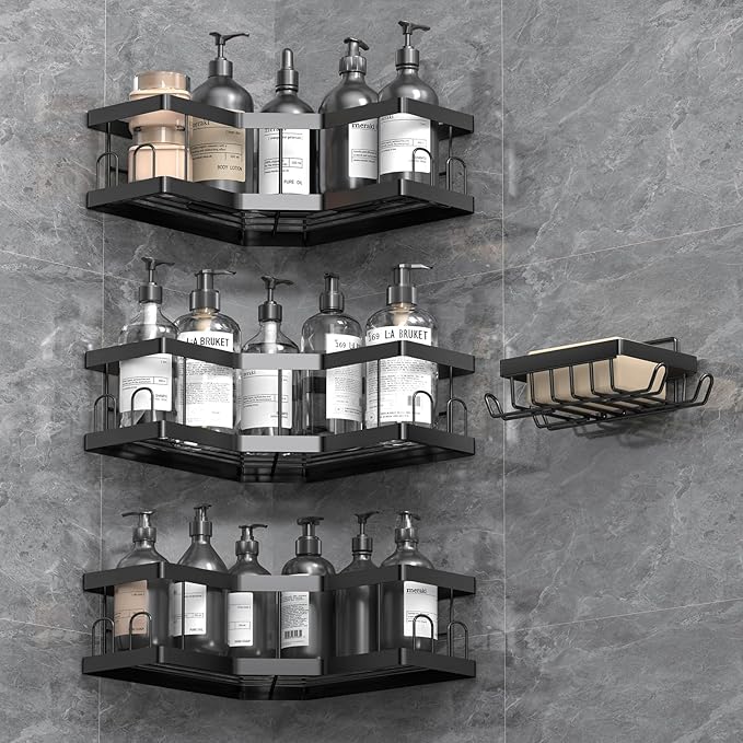 AceMining Shower Caddy, 4 Pack Black (SML+1) Bathroom Shelves, Adhesive Shelf Storage No Drilling, Carbon Steel Shower Organiser, Rust-Resistant Caddy Corner, Soap Holder, Bathroom Accessory