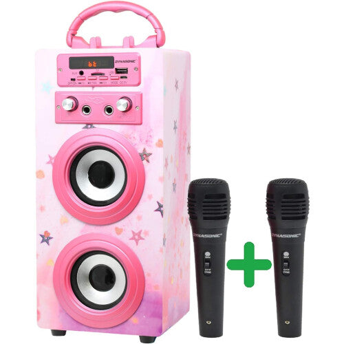 DYNASONIC Karaoke Machine with 2 Microphones, Portable Bluetooth Speaker with Lights, USB and SD Reader, Gift for Children (Model 15)