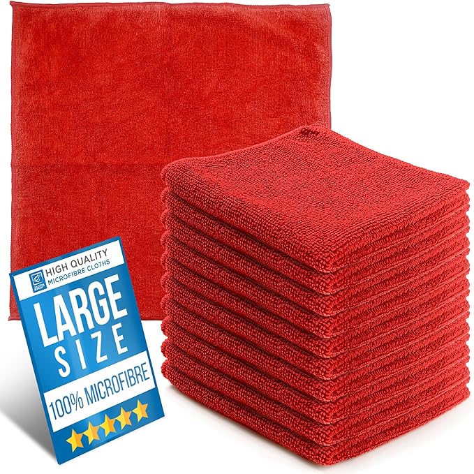 Microfiber Cleaning Cloth, Large Size 40x40cm, Super Absorbent Lint Free Microfibre Cloths Cleaning for Home, Kitchen, Surface, Mirrors, Bathrooms, Motorbike, Car (Red, 10)