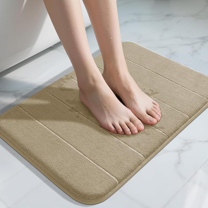 Yimobra Memory Foam Bath Mat, 43 x 61 cm, Soft and Comfortable, Super Water Absorption, Non-Slip, Thick, Machine Wash, Easier to Dry for Bathroom Floor Rug, Camel