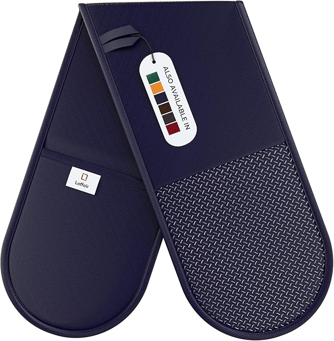 Navy Oven Gloves Double by Laffair® Heat Resistant Oven Gloves Navy Blue Kitchen Accessories - Non-Slip Silicone Grip Oven Mitts