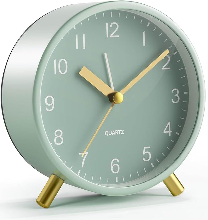 Analogue Alarm Clock, Silent Non-Ticking with Night Light, Fashionable Round Metal Alarm Clock for Office, Battery Operated, Bedroom, Elderly, Adults, Children, Student Gifts