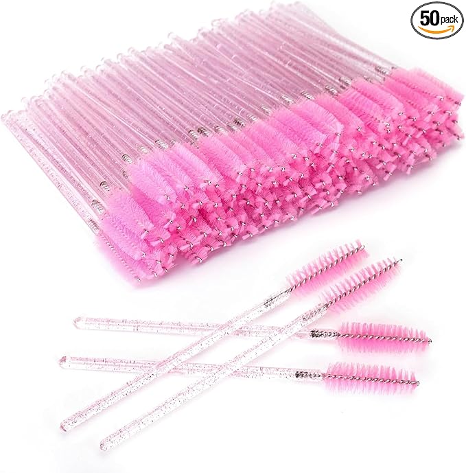 Crystal Mascara Sticks, Disposable Eyebrow Eye lash Brushes for Eye lash Extensions, Eyelash Makeup Tool (Pink, 50)