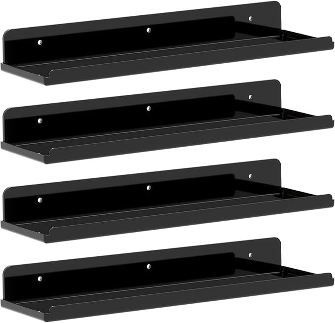 Lifewit Floating Shelves for Wall, 4 Pack Black Plastic Shelf 38.1cm Room Decor for Bookcase/Vinyl Record Display/Photo/Picture in Bedroom, Living Room, Bathroom, Kitchen Storage and Organization