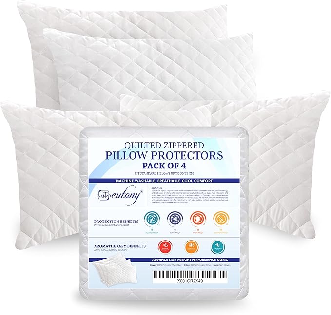 Eutony Pillow Protectors 4 Pack Quilted Zipped - Ultra Luxe Zipped Pillow Protectors, Quilted Pillow Protector, Soft & Breathable Hypoallergenic 50 x 75cm - White (Quilted Pack of 4 | 50x75 cm)