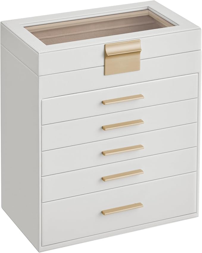 SONGMICS Jewellery Box with Glass Lid, 6-Layer Jewellery Storage Organiser with 5 Drawers, Plenty of Storage, Modern, Gift Idea, 16.3 x 25.1 x 29 cm, Cloud White and Gold Colour JBC171W01