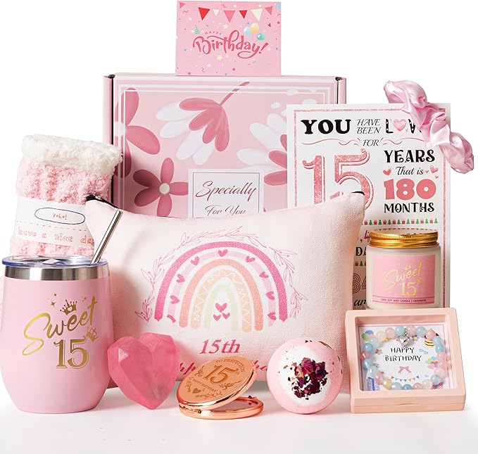 15th Birthday Gifts for Girls,Happy 15th Pamper Gift Basket Ideas for Daughter, Cute Unique Sweet 15 Year Old Birthday Hampers Presents for Her,Best Friend Niece,Granddaughter, Sister, Friend, Teens