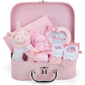 Newborn Baby Girl Gift Set - Hand Packed into Small Pink Hamper Keepsake Box Styled as a Case Includes Soft Toy Rattle, Photo Frame, Muslin Cloth,