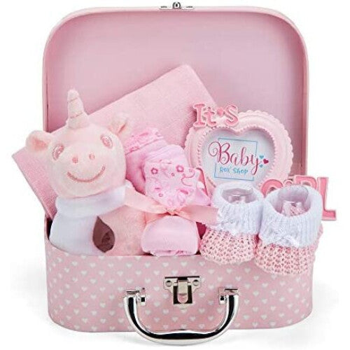 Newborn Baby Girl Gift Set - Hand Packed into Small Pink Hamper Keepsake Box Styled as a Case Includes Soft Toy Rattle, Photo Frame, Muslin Cloth,