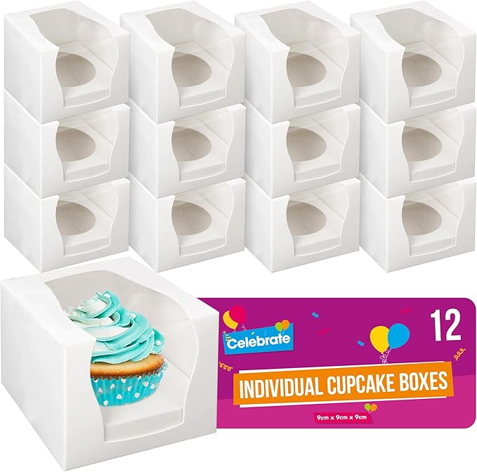 SOL 12 Pack of Individual Cupcake Boxes 9cm x 9cm x 9cm Square White Card Boxes with Clear Window Perfect for Muffins Cup Cakes Parties Events Weddings Home Baking Presentation and Gifting
