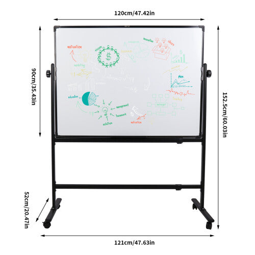 (120 x 90 cm) Portable Whiteboard Rolling Double Sided Free Standing Adjustable Home Office School Essential Supply On Wheels