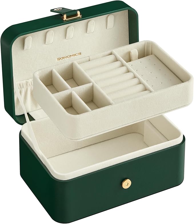 SONGMICS Jewellery Box, 2-Layer Jewellery Storage, 11 x 16 x 8 cm Travel Jewellery Box, Portable Jewellery Case, Small, Spacious, for Larger Accessories, Gift Idea, Forest Green JBC166C01