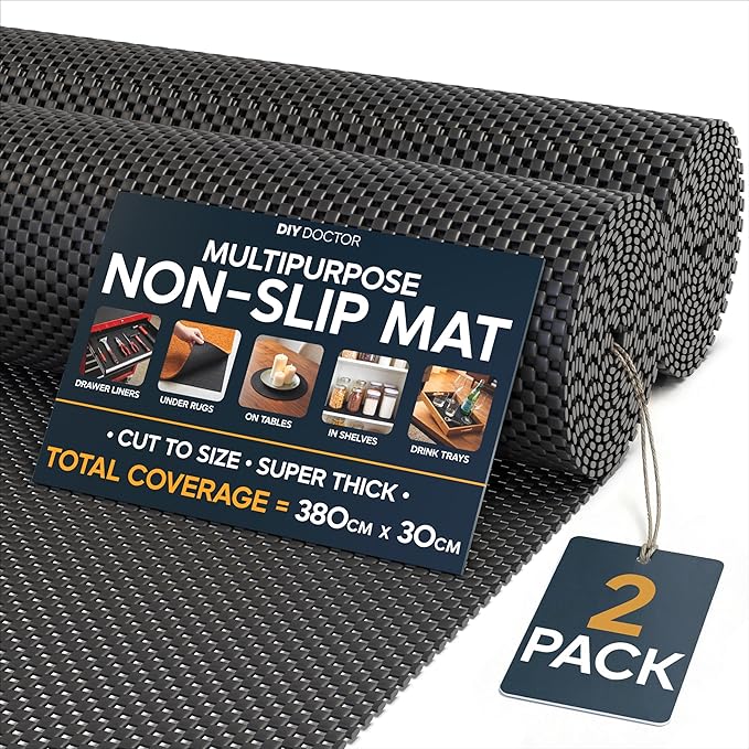 DIY Doctor Anti Slip Gripper Rolls 2 Pack – 190 x 30cm Non Slip Rug Underlay for Laminate Flooring – Carpet and Rug Grippers – Rubber Mat Shelf and Drawer Liner - Black