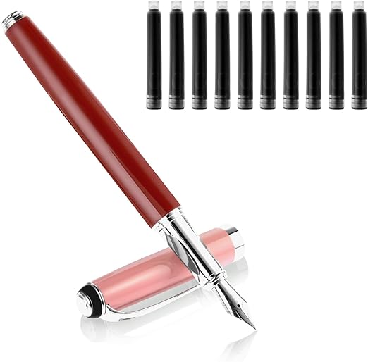Cobee Metal Fountain Pens with 10 Black Ink Cartridges, 0.5mm Fine Nib Fountain Pen Smooth Writing Luxury Calligraphy Pen Office School Supplies (Red)